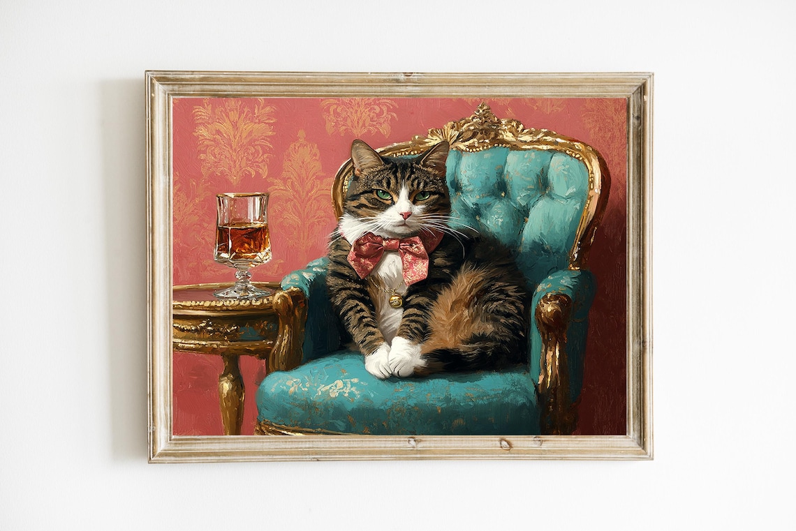 Sophisticated Cat Print Whimsical Art Funny Decor Tabby Painting Fine Lover Gift E842