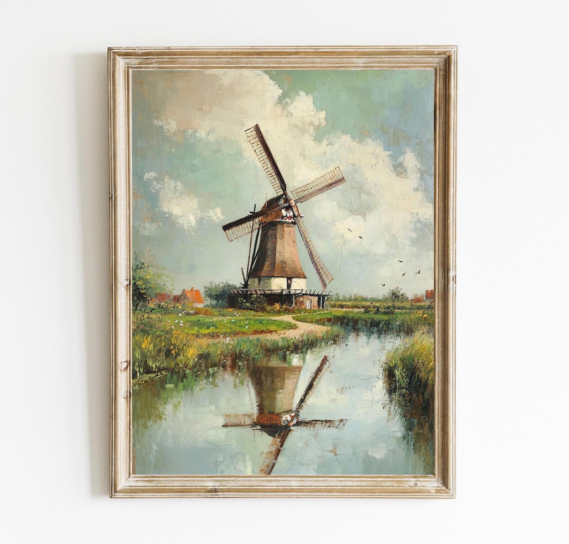 Amsterdam Windmill Vintage Dutch Landscape Art Print