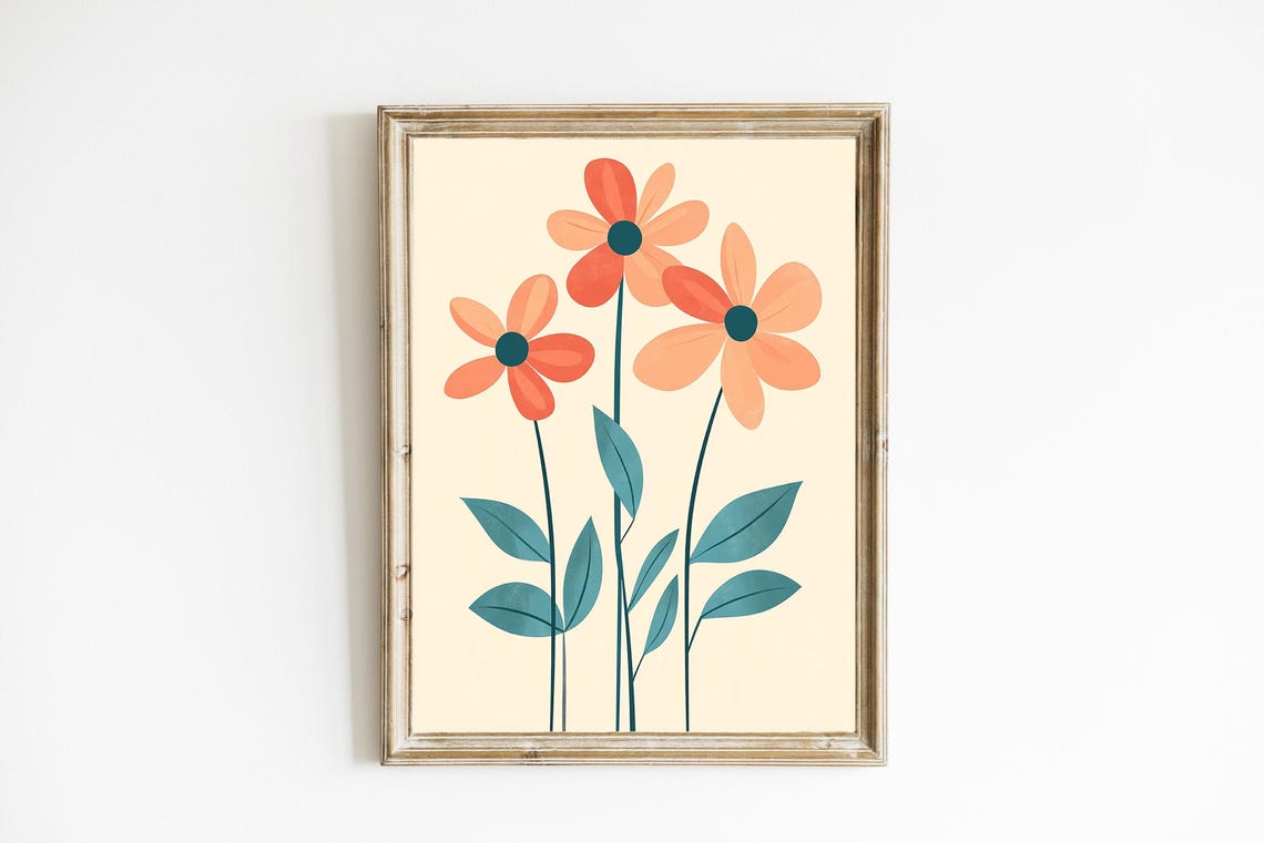Tangerine Orange Daisy Modern Floral Minimalist Illustration Poster