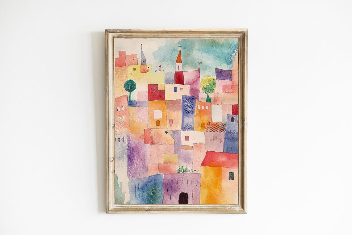 Colorful Abstract Watercolor Old Town Church Spires Art Poster