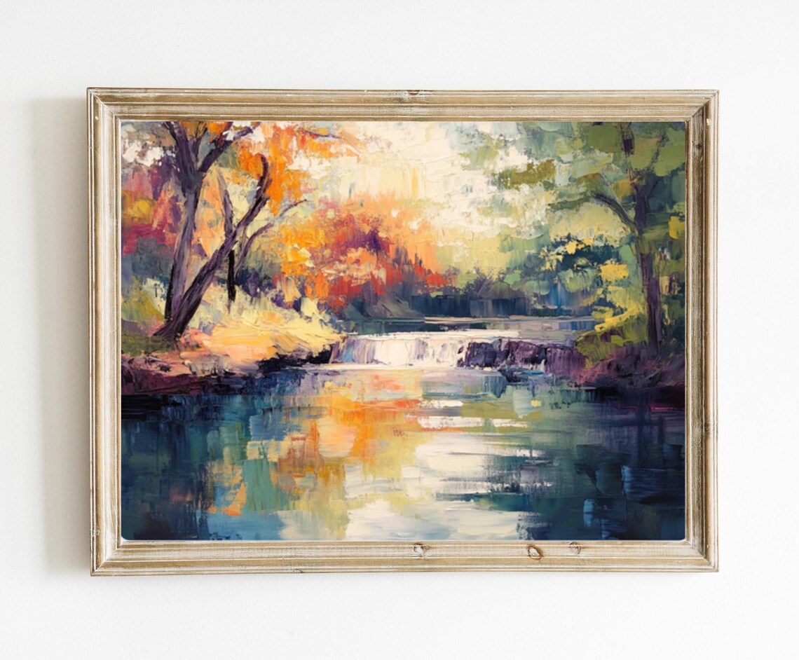 Autumn River Waterfall Impressionist Golden Fall Landscape Art Poster