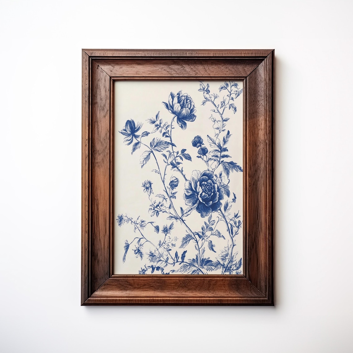 Indigo Blue Peony Blossom Sketch Print Chinoiserie Floral Art on Cream