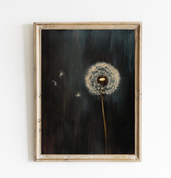 Dandelion Painting Vintage Print, Dark Botanical Decor
