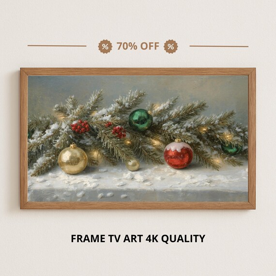 Snowy Pine Branch Christmas Ornaments Baubles Winter Wall Poster