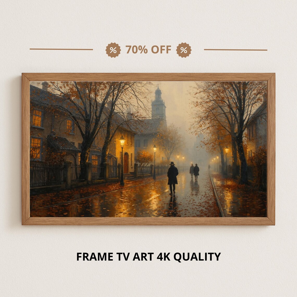 Rainy Autumn Street Glowing Lamps Wet Pavement Romantic City Poster