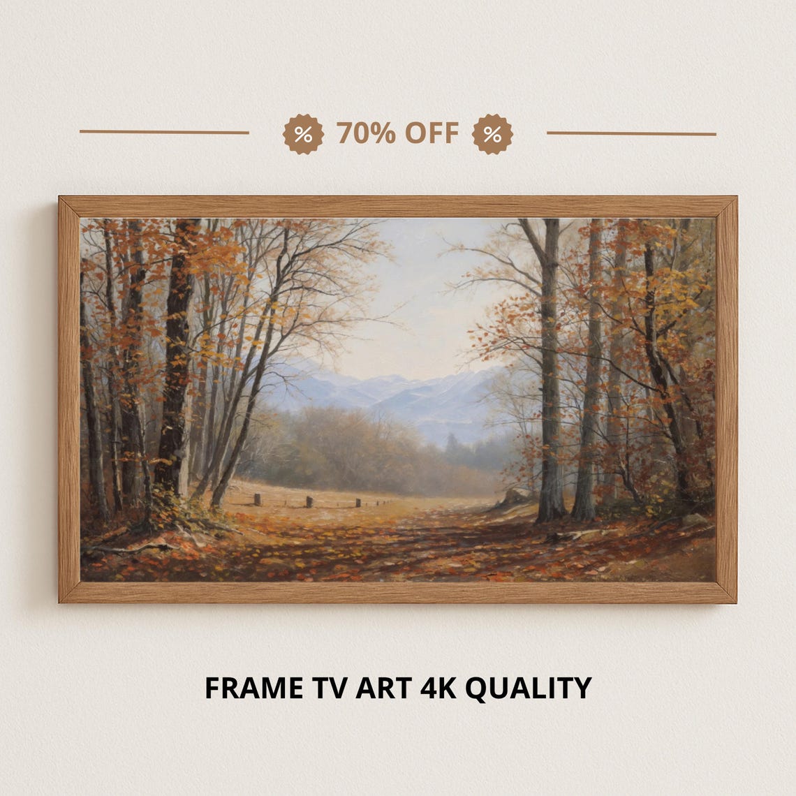Autumn Forest Path Fallen Leaves Distant Mountains Art Print