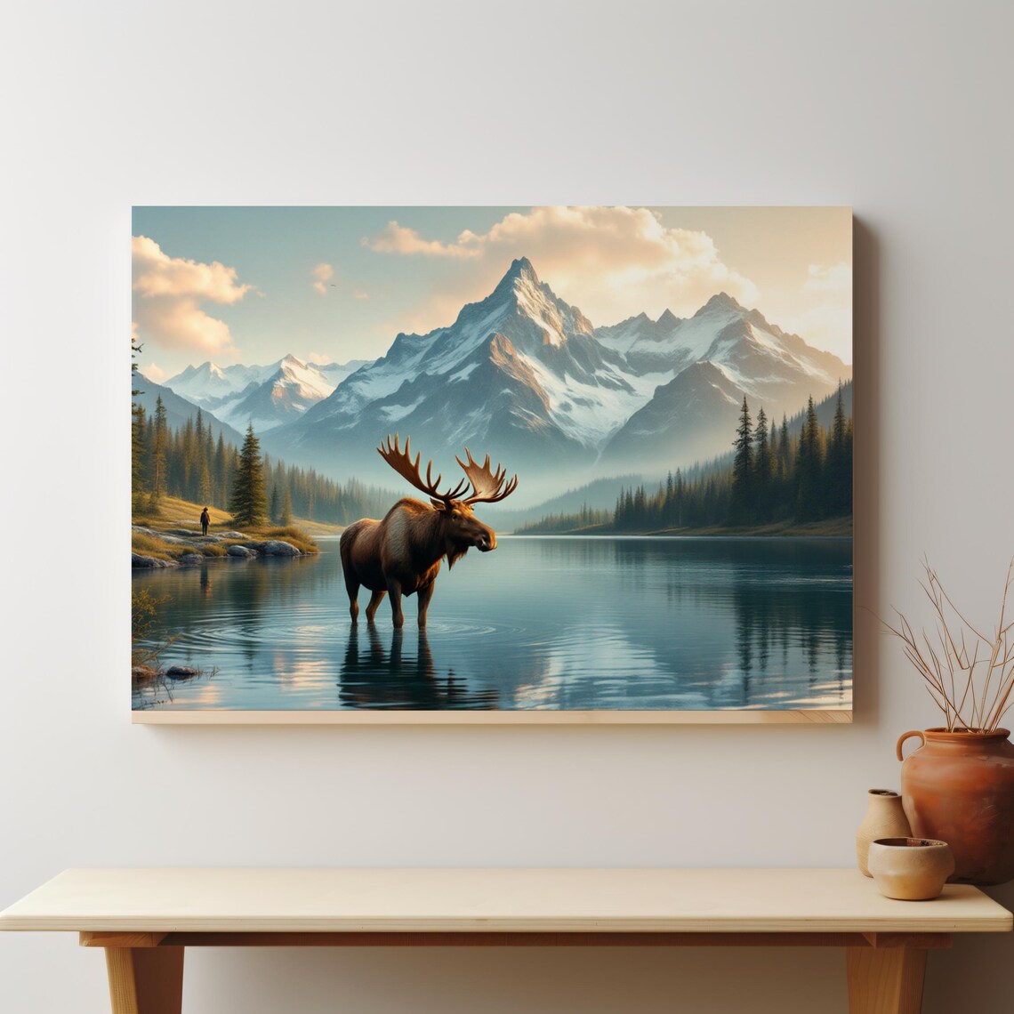 Bull Moose Standing In A Mountain Lake Beneath Snow Capped Peaks Poster