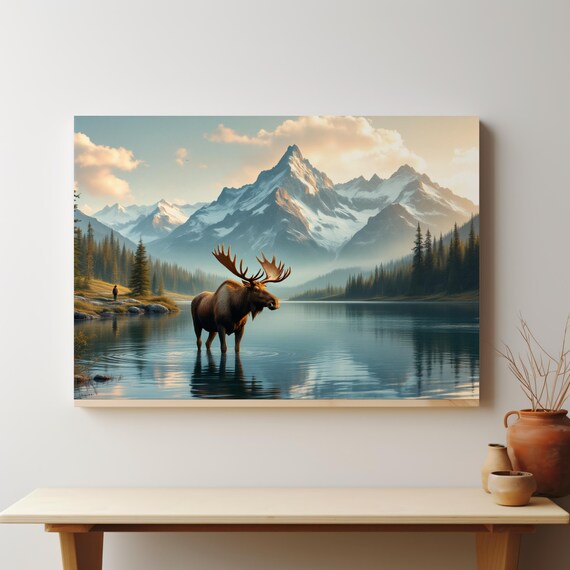 Bull Moose Standing In A Mountain Lake Beneath Snow Capped Peaks Poster