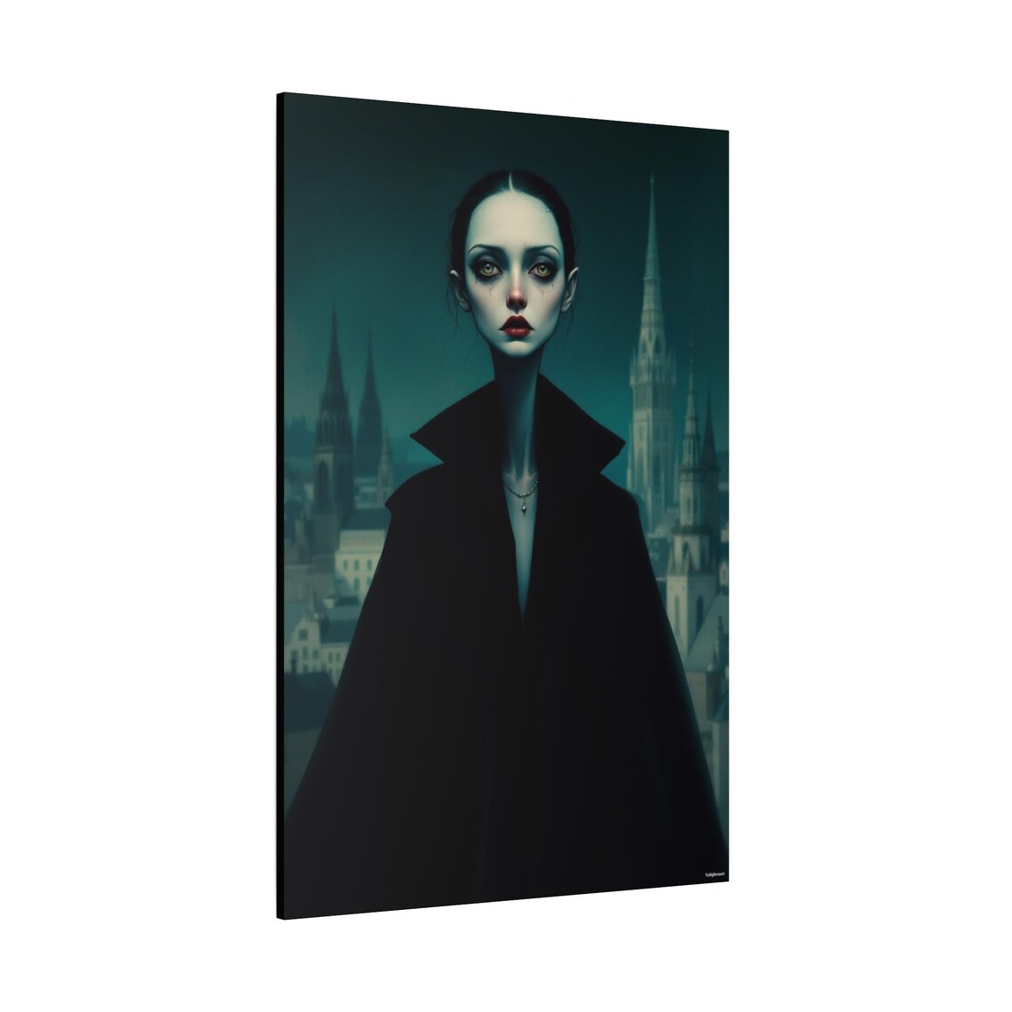 Pale Gothic Woman In A Black Cloak Before Cathedral Spires At Dusk Poster - Image 2