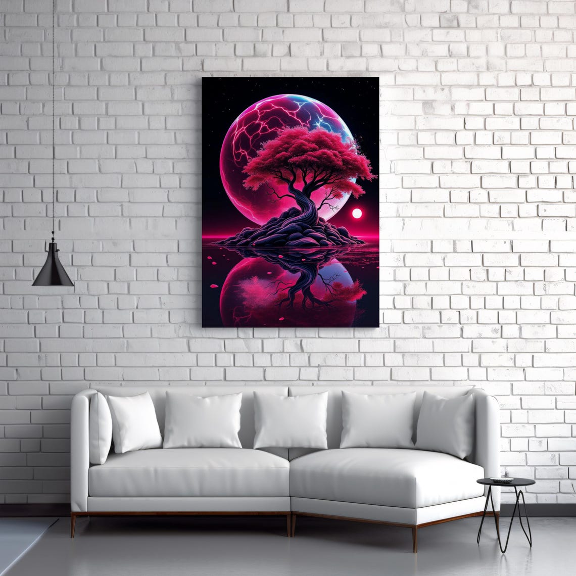 Neon Pink Tree Island Giant Moon Reflection Cosmic Art Poster
