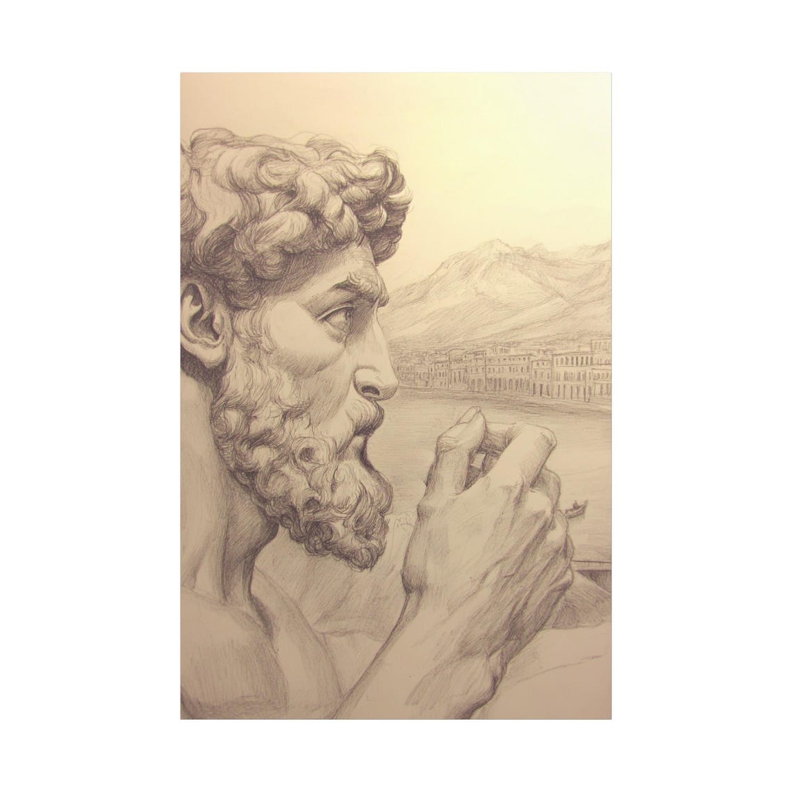 Classical Sepia Sketch Bearded Philosopher Portrait Drawing Art Poster - Image 3