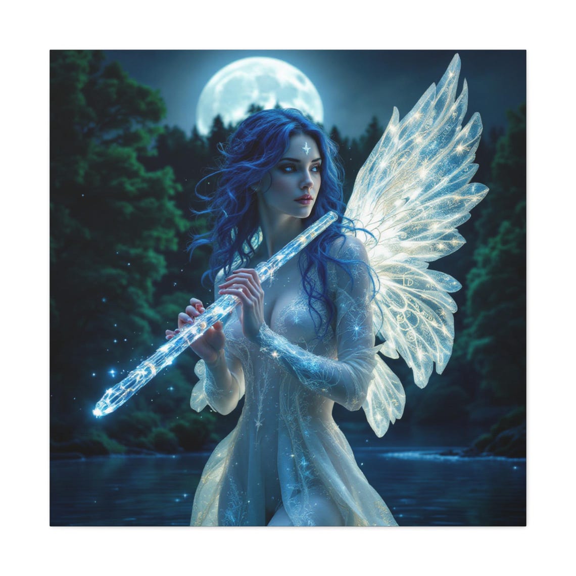 Moonlit Fairy Playing Crystal Flute Fantasy Night Forest Art Poster - Image 3