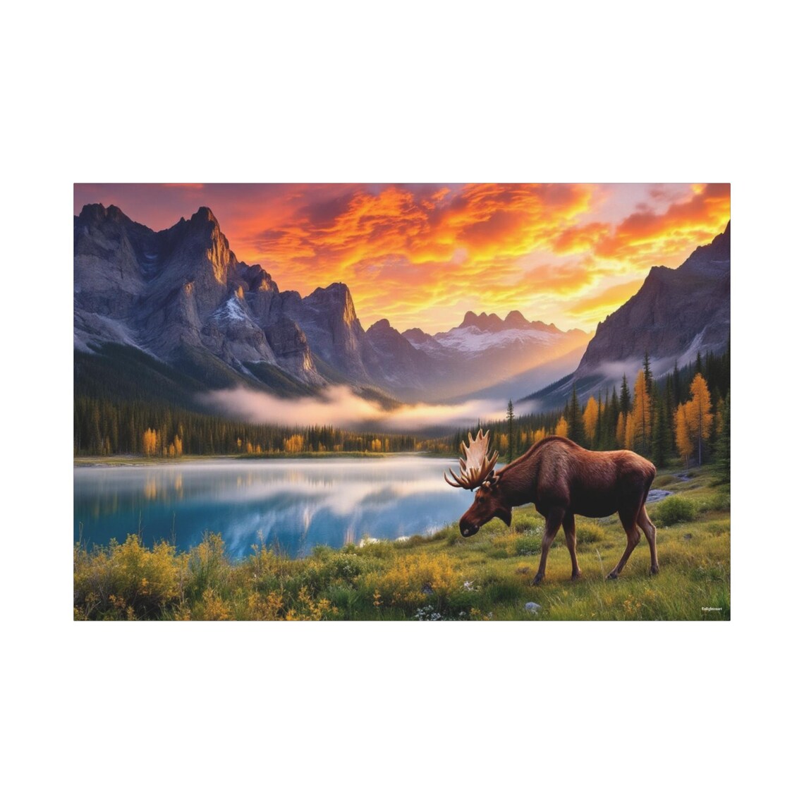 Moose Grazing By A Mountain Lake Under A Fiery Autumn Sunset Nature Poster - Image 3
