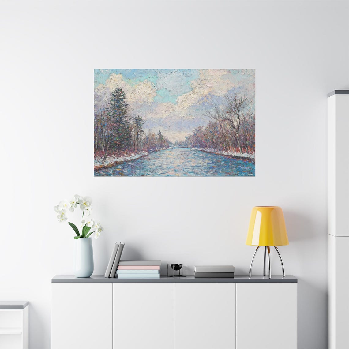 Frosty Winter Stream Snowy Banks Impressionist Forest Art Poster