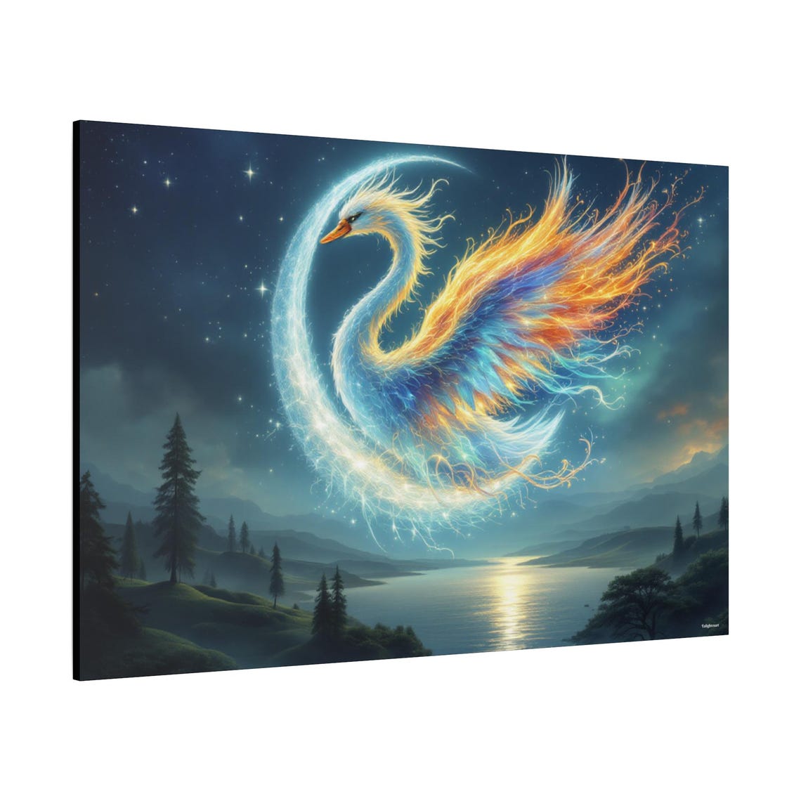 Cosmic Swan Fiery Wings Moonlit Forest Lake Fantasy Art Poster - Image 2
