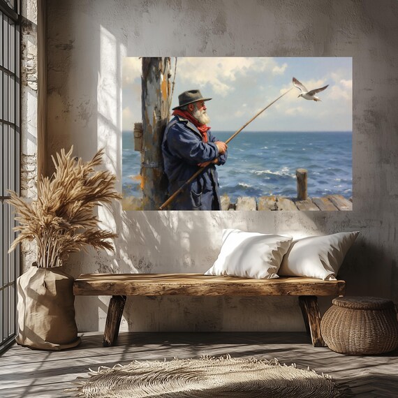 Fisherman On A Pier Wall Art Matte Nature Decor For Home Ideal Housewarming Birthdays Or Holidays Scenic Art Print Home