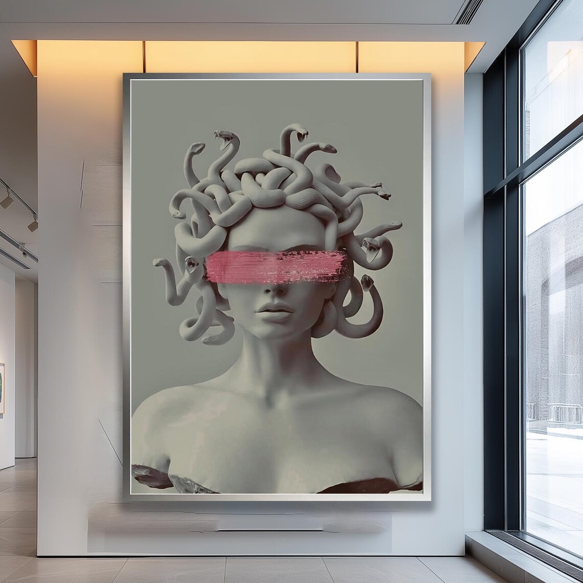 Medusa Statue Pink Brushstroke Greek Mythology Bust Art Print