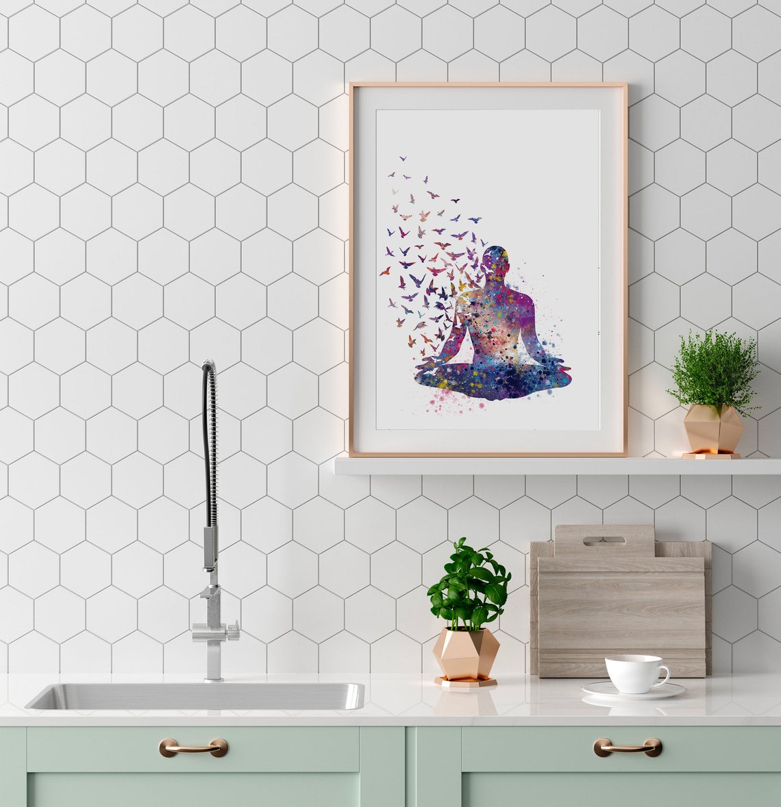 Watercolor Meditating Figure Lotus Pose Colorful Splash Art Poster - Image 2