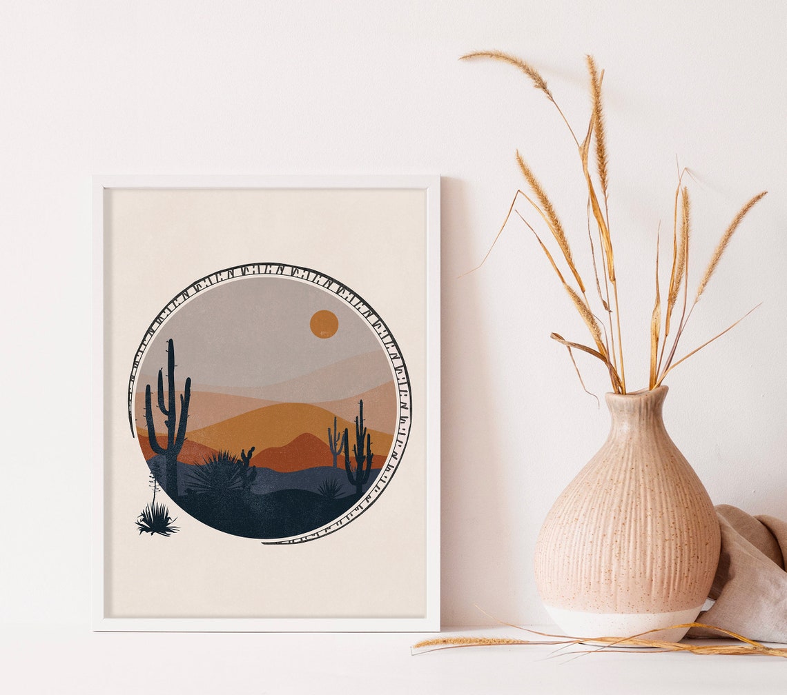 Boho Desert Sunset Circle Cactus Silhouette Terracotta Art Print