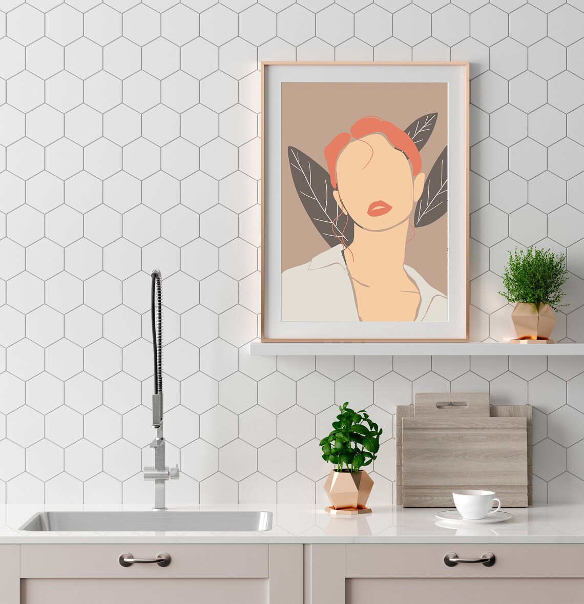Boho Woman Portrait Red Hair Leaves Modern Female Fashion Art Poster