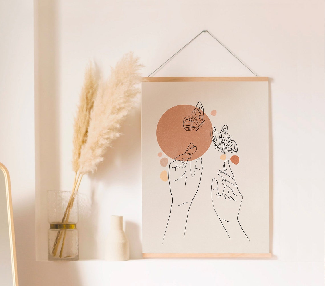 Butterfly Line Art Hands Terracotta Sun Boho Minimalist Poster