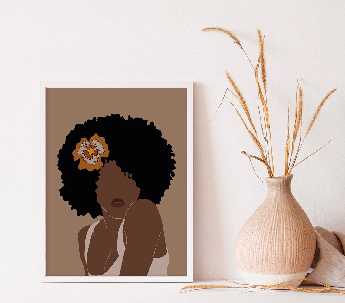 Black Woman Art Instant Flower Woman Art Boho Wall Art Fashion Print Black Girl Art Print Boho Fashion Art Art