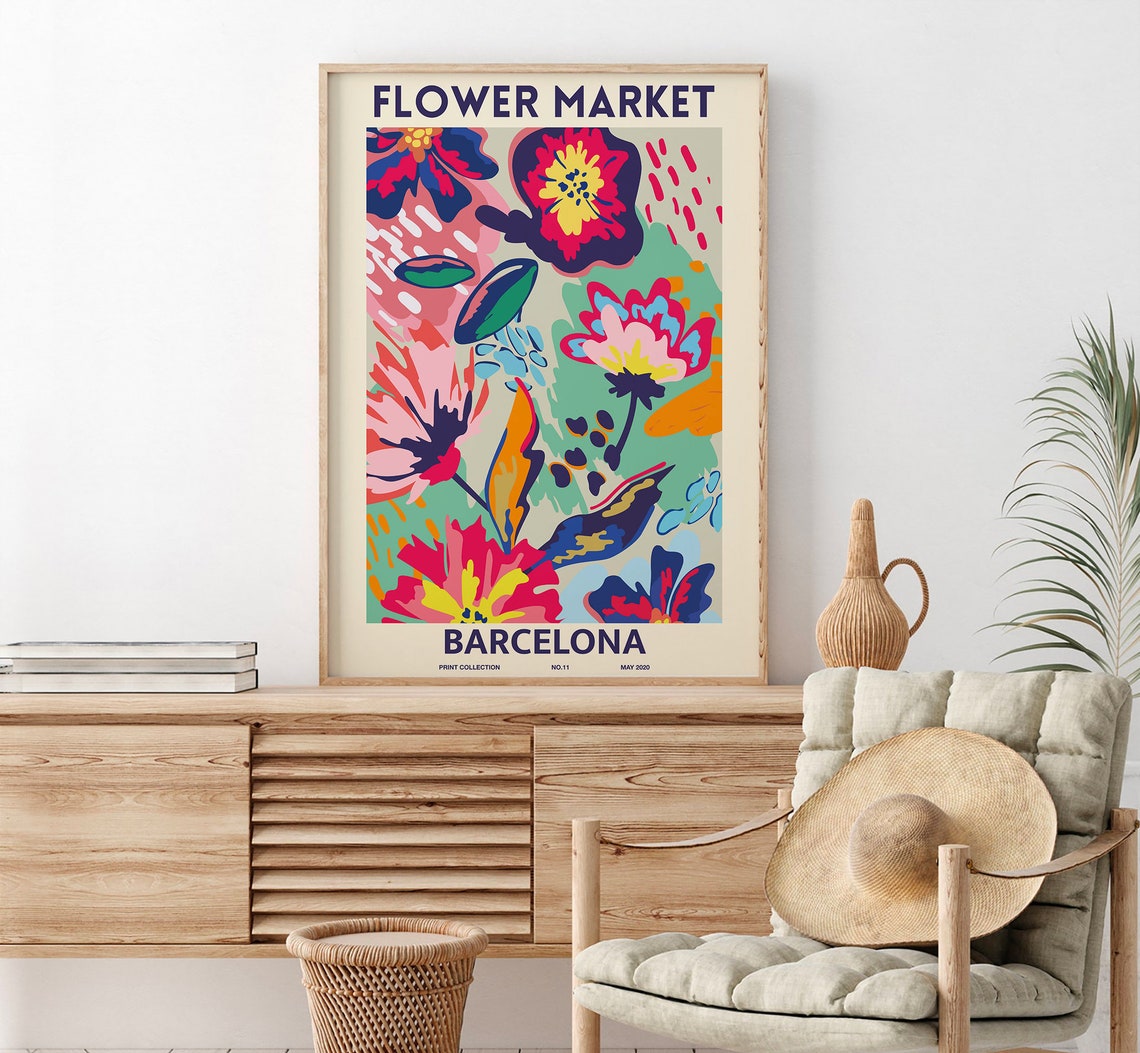 Barcelona Flower Market Bold Colorful Floral Collage Art Poster