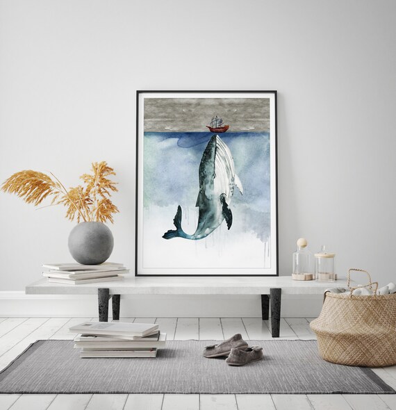 Majestic Humpback Whale and Tiny Ship Watercolor Ocean Poster