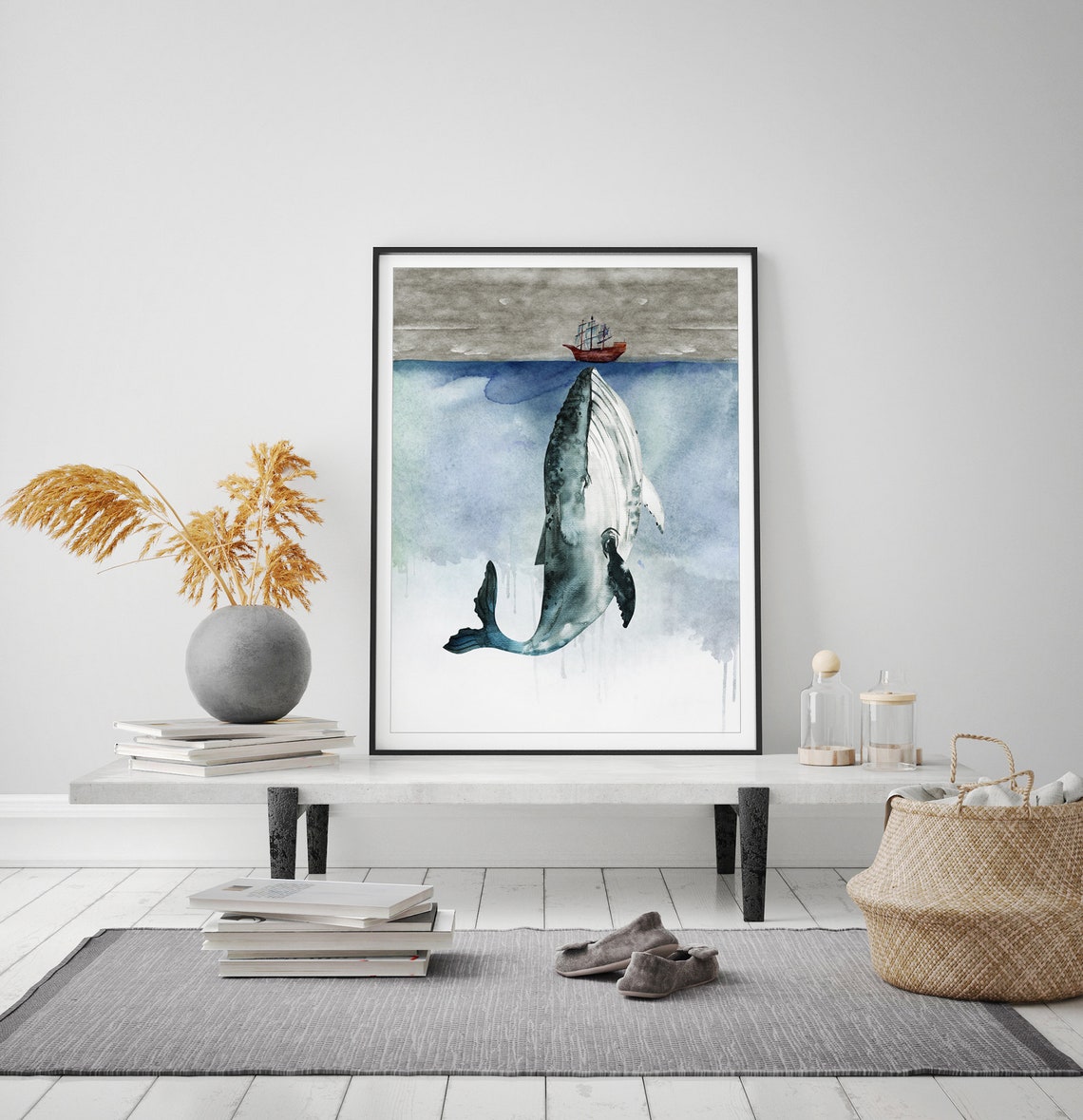 Majestic Humpback Whale and Tiny Ship Watercolor Ocean Poster