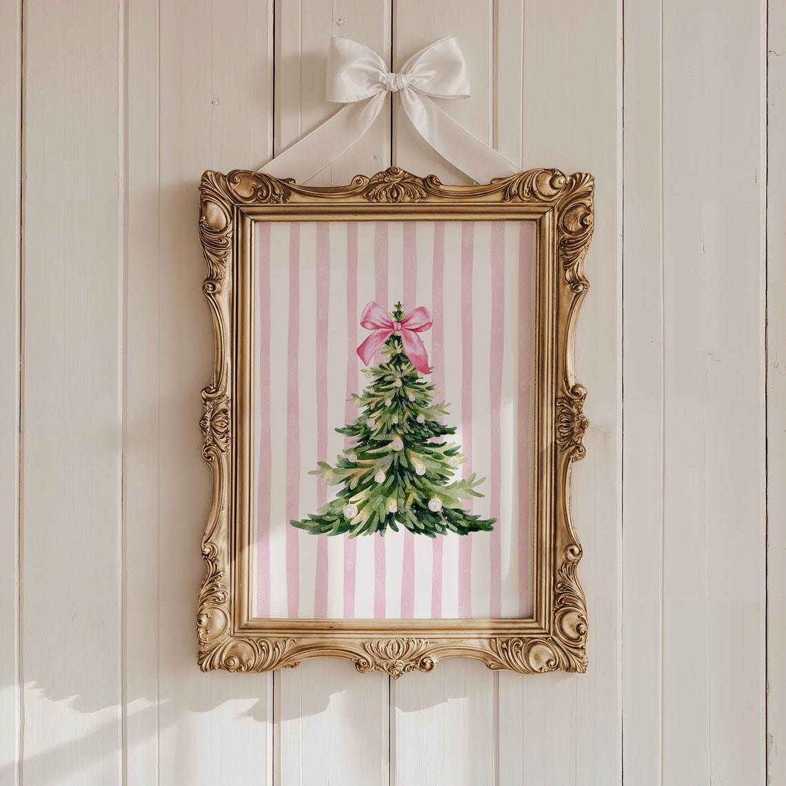 Pink Striped Coquette Christmas Tree Watercolor Bow Holiday Poster