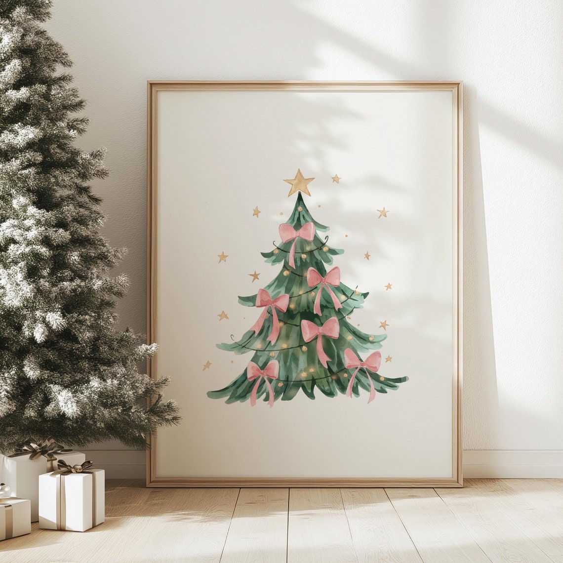 Coquette Pink Bow Christmas Tree Gold Star Watercolor Wall Art
