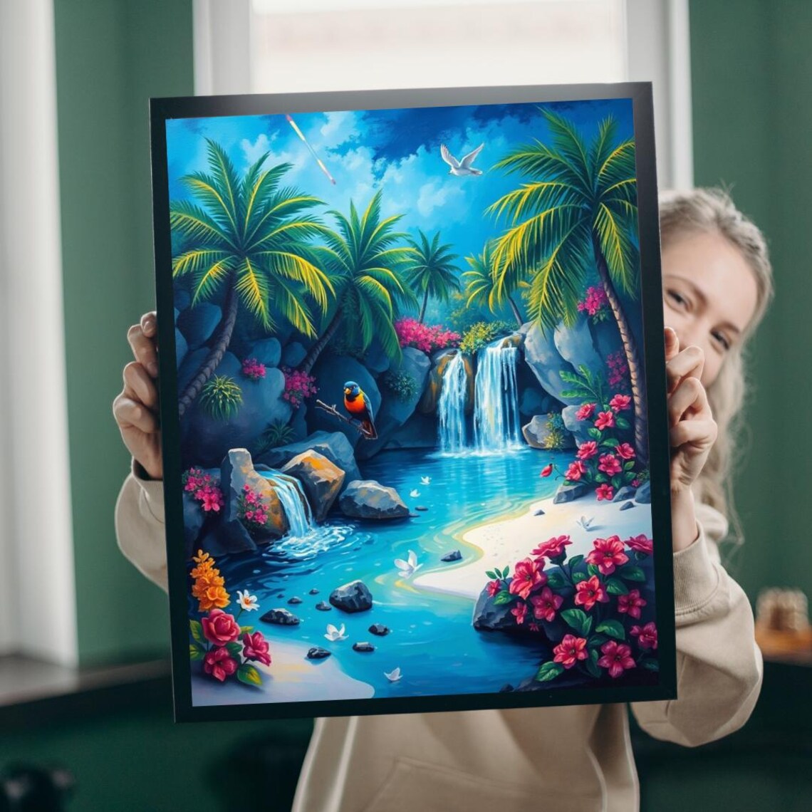 Tropical Waterfall Palm Oasis Colorful Bird Island Paradise Poster