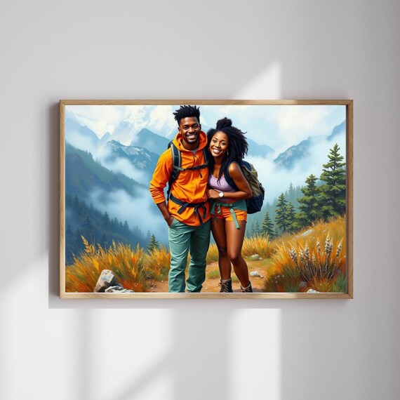 Happy Hiking Couple With Backpacks in Misty Mountain Trail Art Print