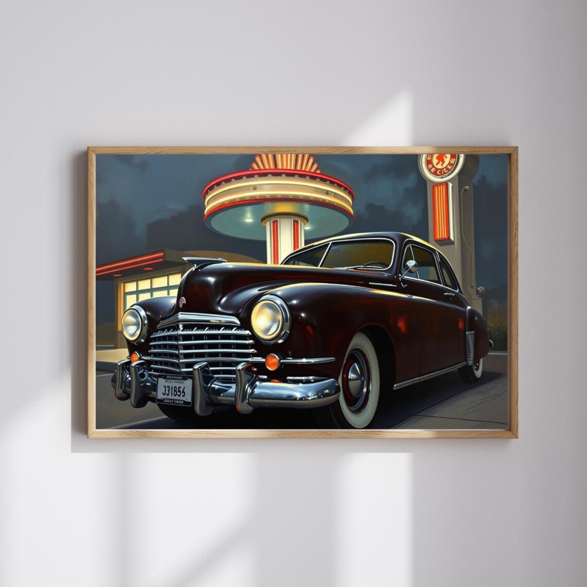 1948 Tucker 48 Classic Sedan Neon Gas Station Night Scene Poster