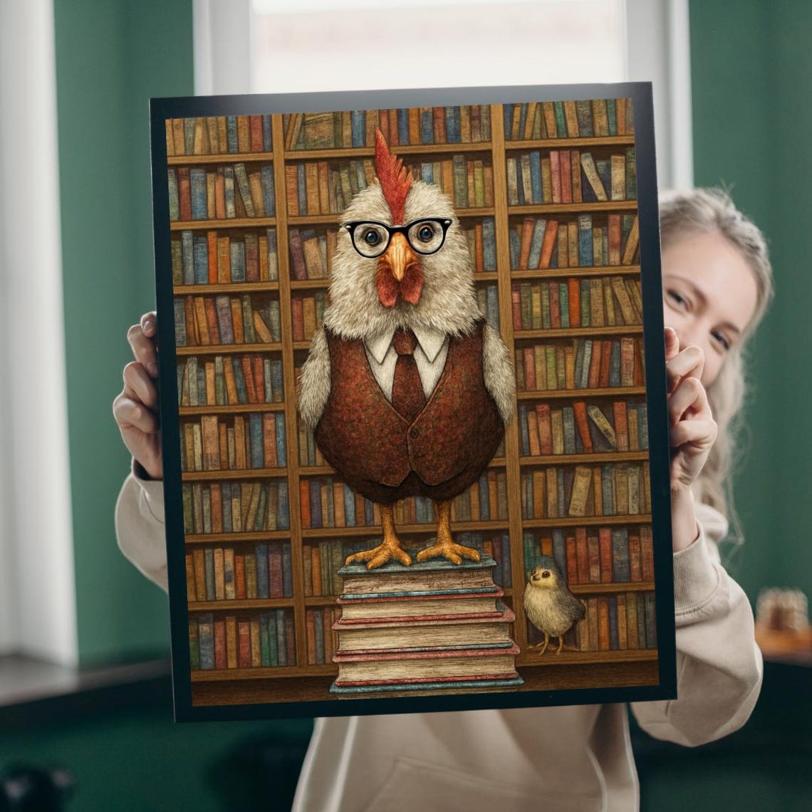 Dapper Chicken Librarian With Glasses And Bow Tie Book Stack Poster
