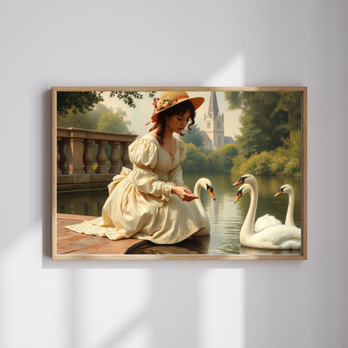 Victorian Lady Feeding Swans by Pond Elegant 19th Century Poster