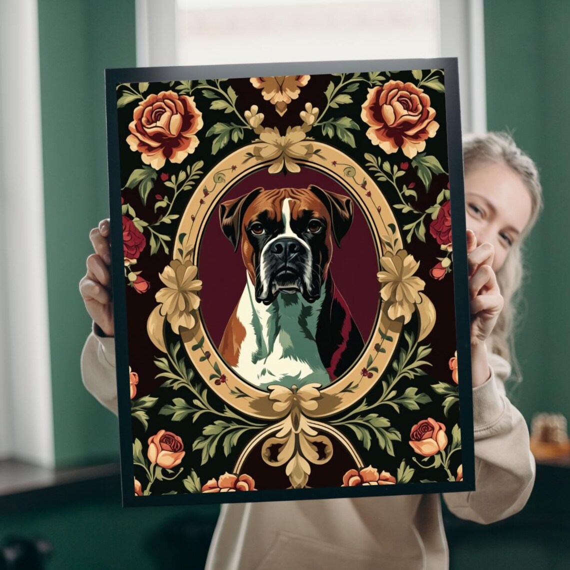 Boxer Dog in Gold Frame with Roses Baroque Pet Portrait Poster