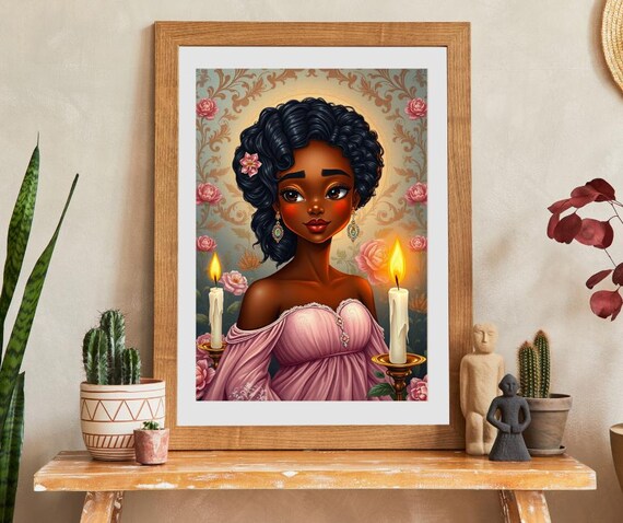 Afrocentric Princess Portrait Pink Dress Roses Candlelight Poster