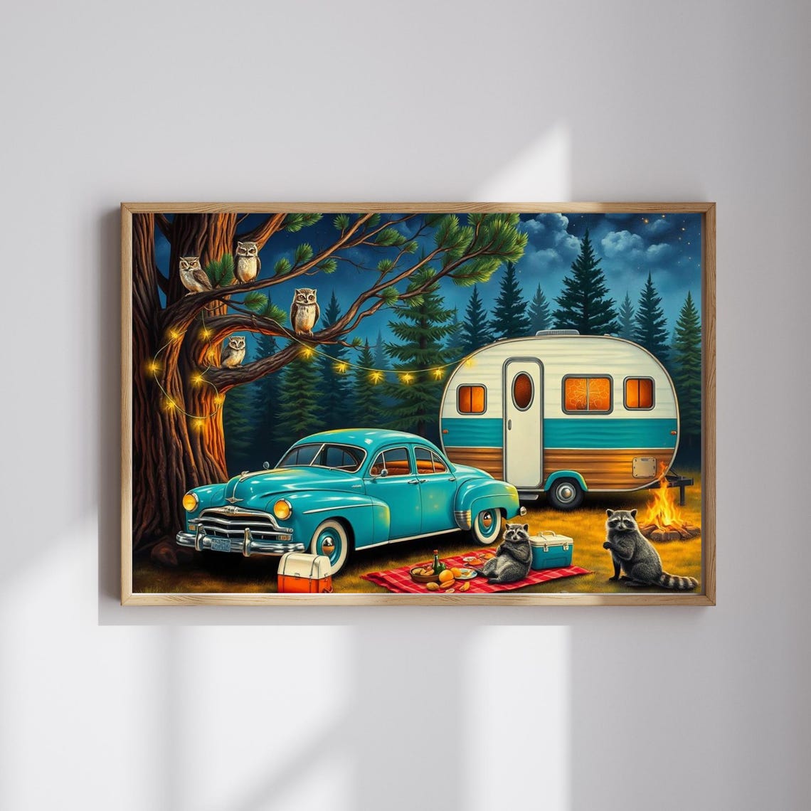 Vintage Turquoise Car Camper Night Campfire Owls Forest Poster