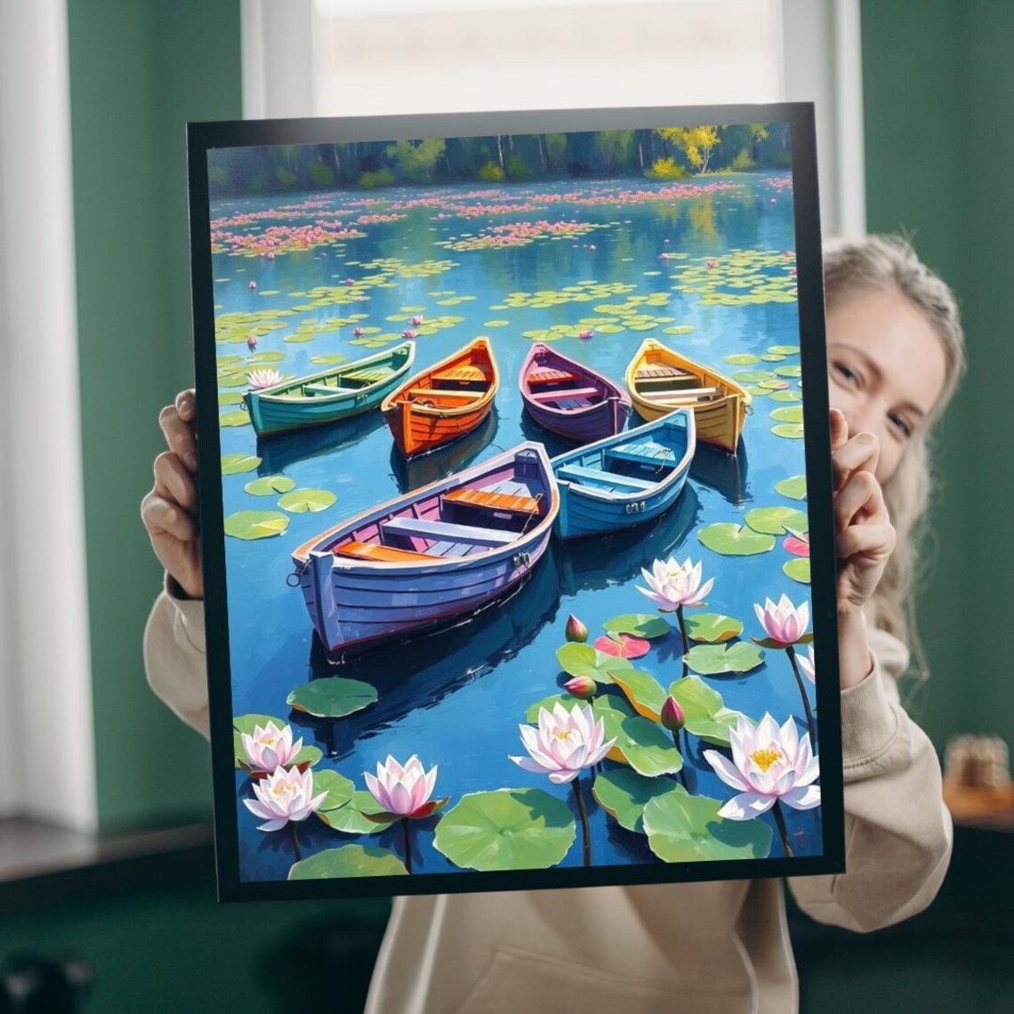 Colorful Rowboats Floating on Lily Pond Floral Painting Art Poster