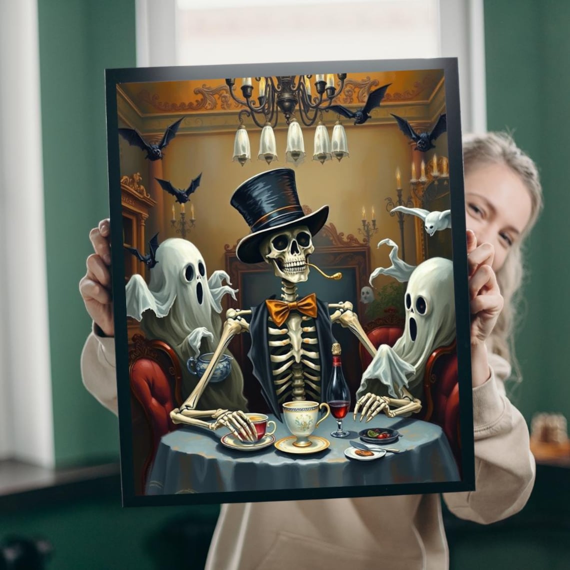 Elegant Skeleton Tea Party Ghosts Bats Spooky Halloween Art Poster