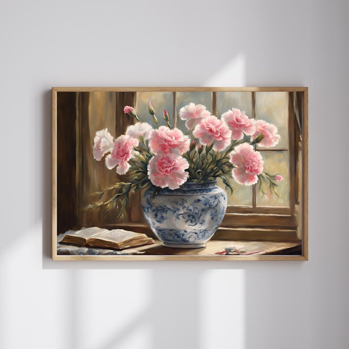 Pink Carnations Blue Porcelain Vase Window Still Life Painting Print