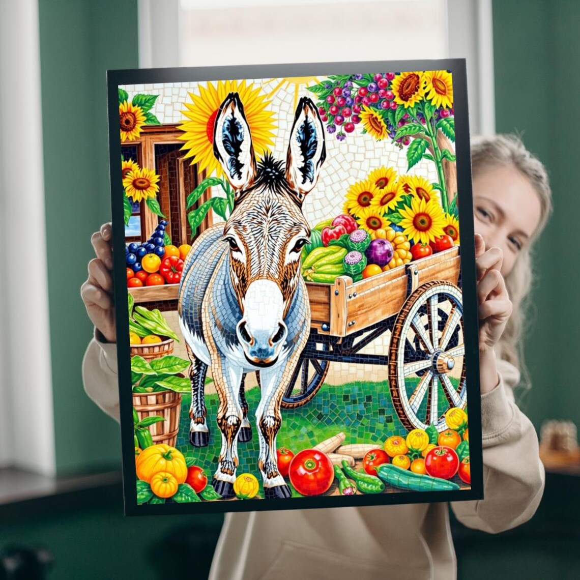 Donkey Mosaic Harvest Cart Sunflowers Rustic Farmhouse Wall Art