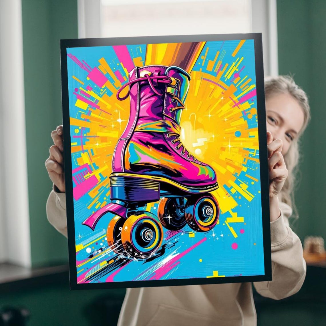 Neon Roller Skate Pop Art Colorful Retro Skating Illustration Poster
