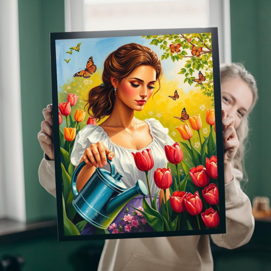 Spring Garden Woman Watering Tulips Butterflies Floral Poster