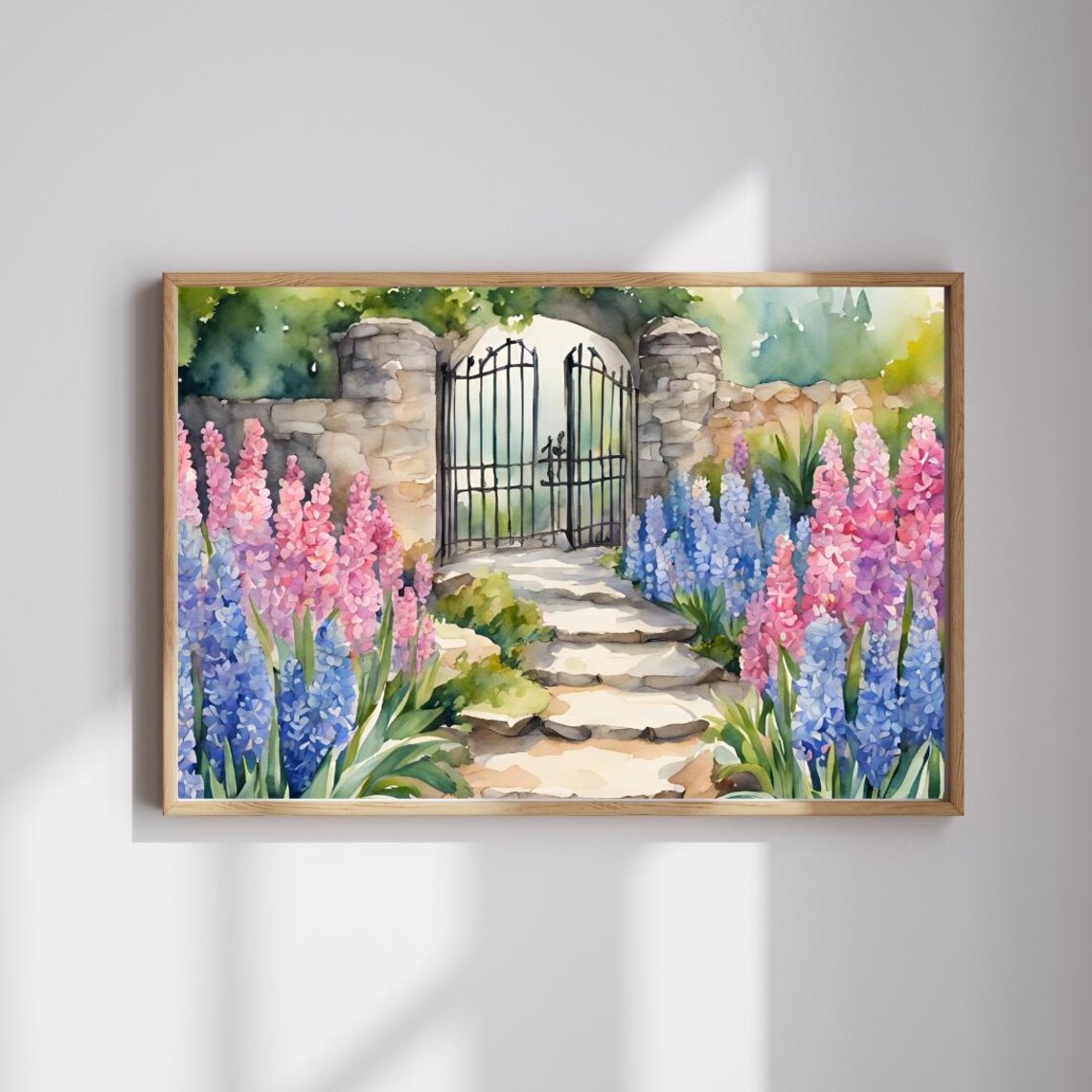Watercolor Garden Gate Pink Blue Hyacinth Charming Floral Art Print