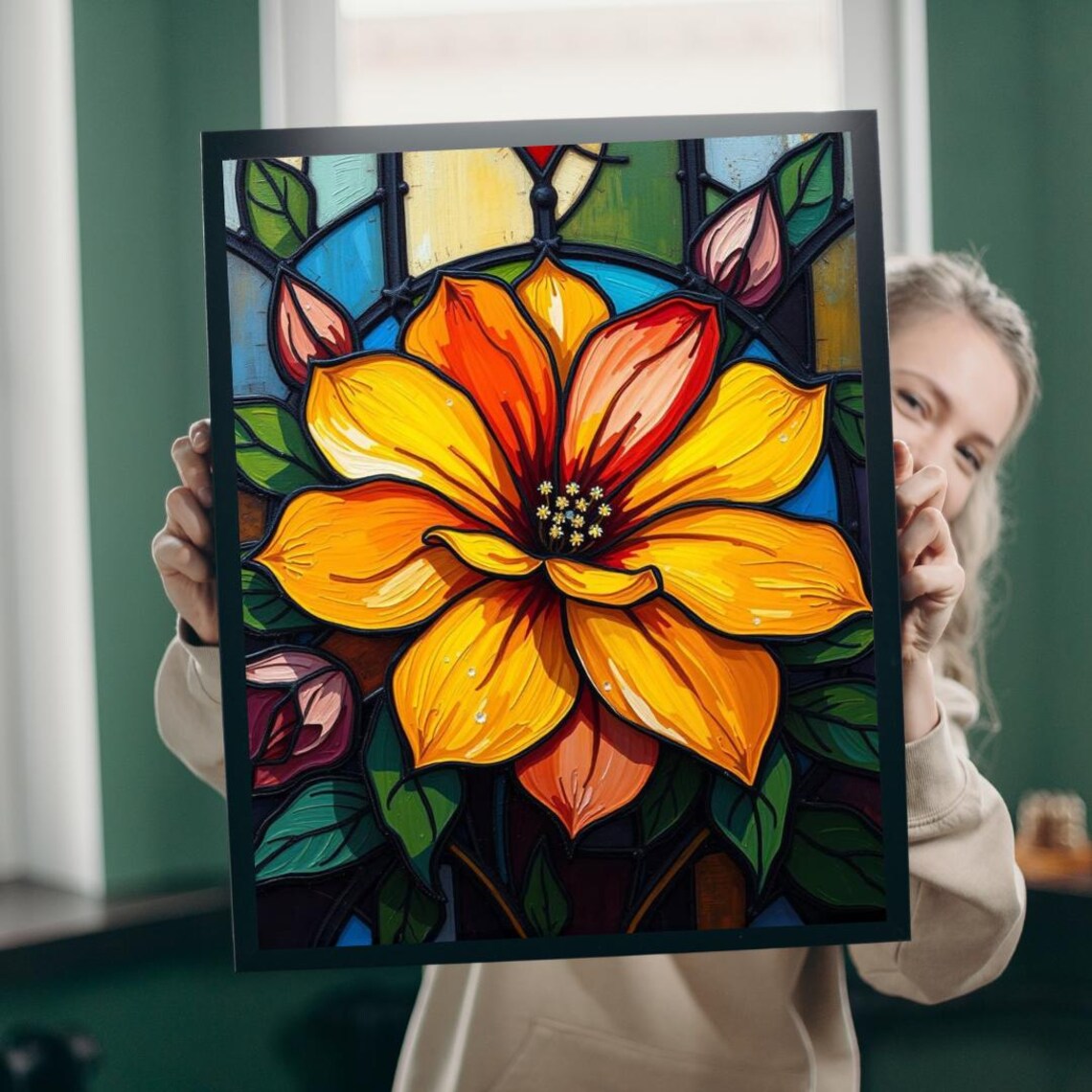 Orange Lily Stained Glass Flower Bold Vibrant Floral Artwork Poster