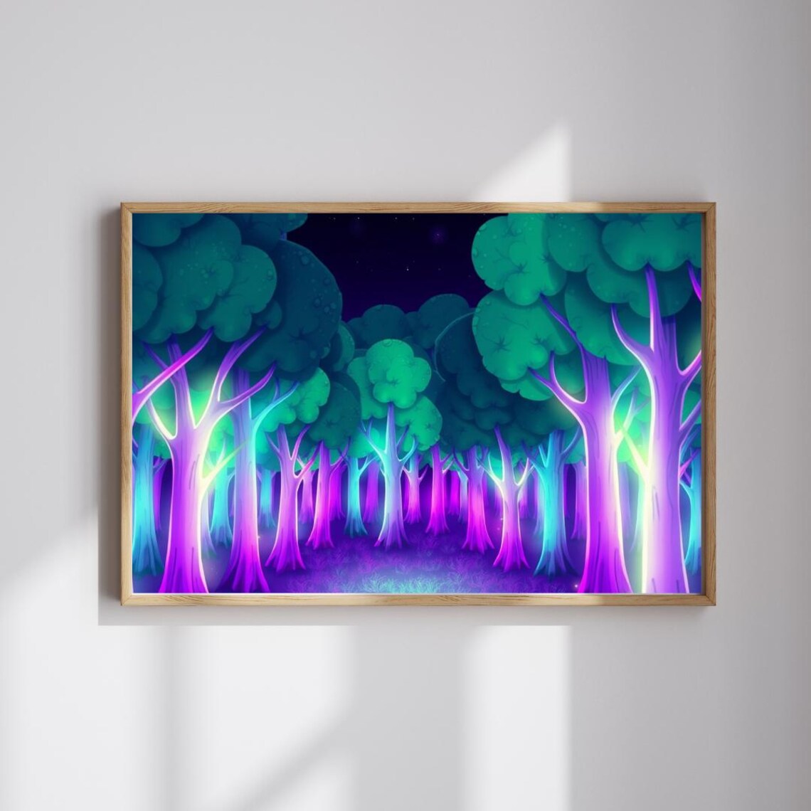 Neon Night Forest Abstract Fantasy Purple Teal Trees Digital Art Dark Wall Poster