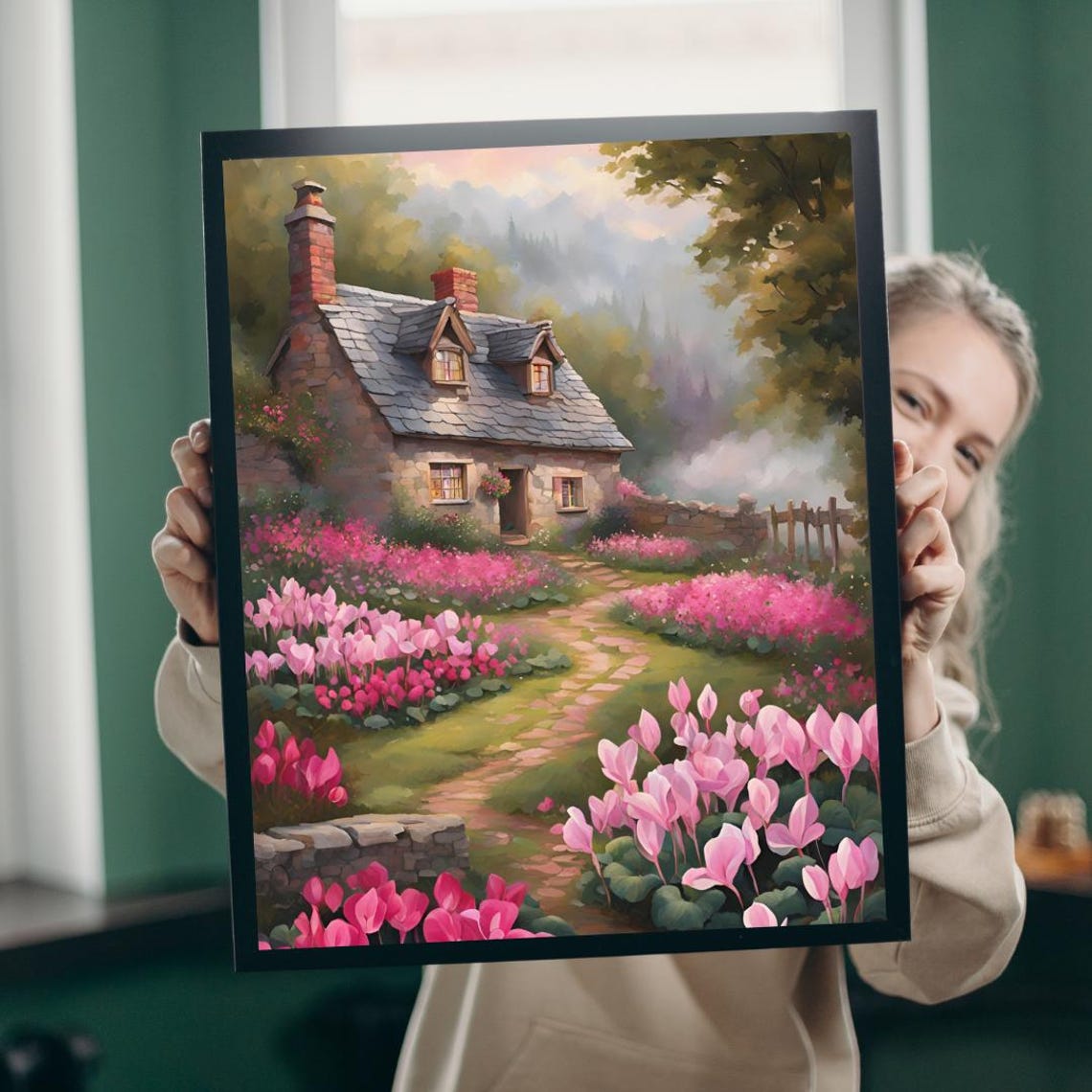 Enchanted Stone Cottage Pink Cyclamen Meadow Storybook Art Poster