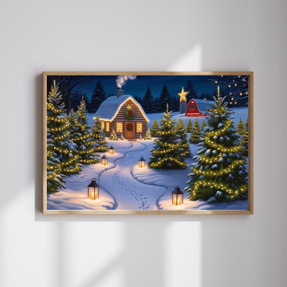 Christmas Tree Farm Snowy Cabin Lanterns Night Puzzle Art Poster